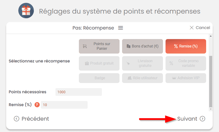 Configurer la récompense"Remise" de MyRewards