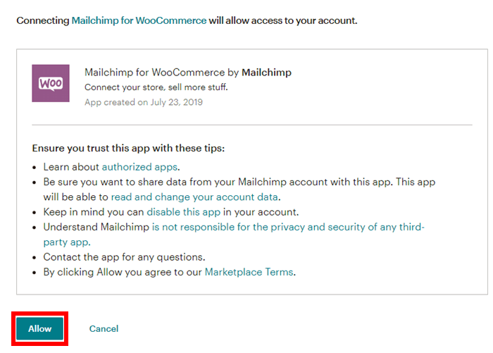 Page de connexion entre MailChimp et WooCommerce