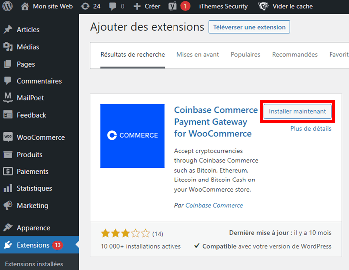 Installation de l'extension Coinbase Commerce Payment Gateway for WooCommerce