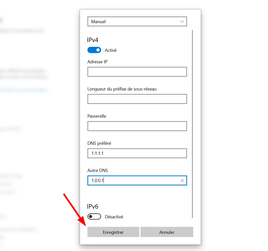 Enregistrer des nouveaux paramètres DNS