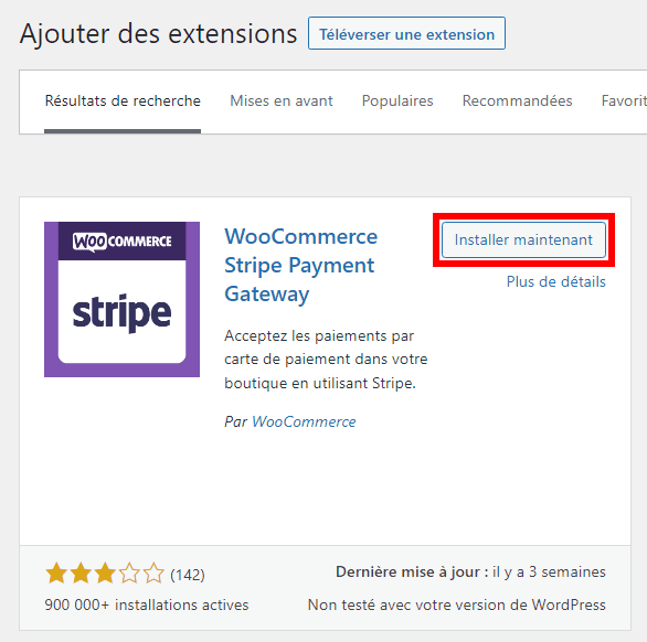 Installer l'extension WooCommerce Stripe Payment Gateway