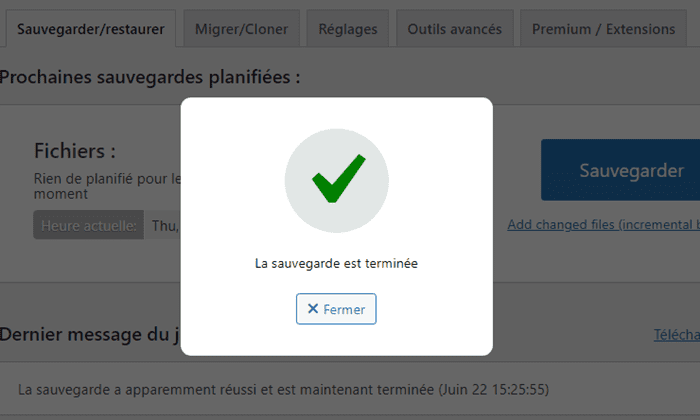 Réussite de sauvegarde WordPress