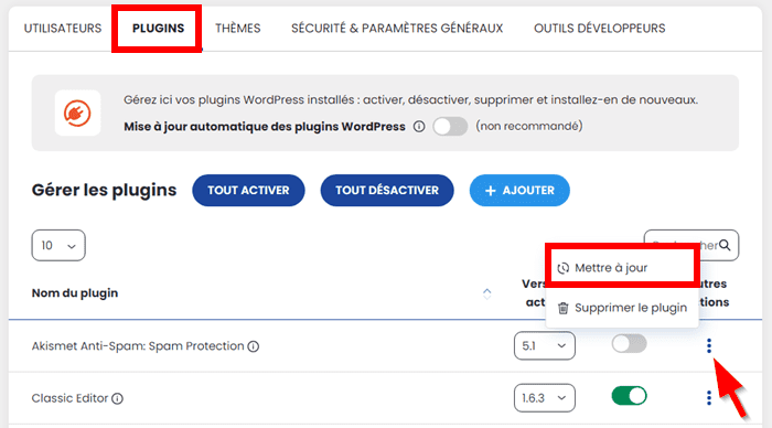 Mettre à jour les plugins via WP Manager