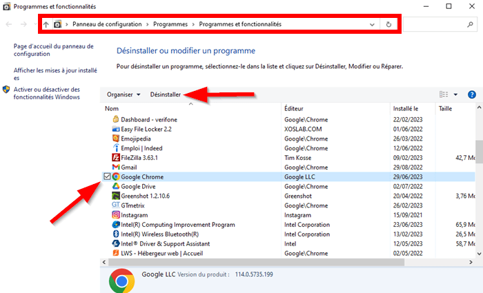 Désinstaller Google Chrome sur Windows