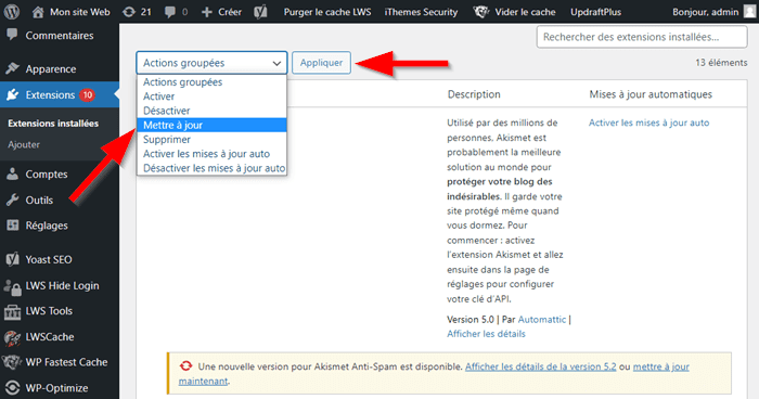 Mettre à jour les extensions WordPress depuis l'espace d'administration