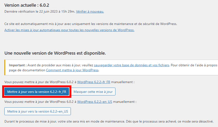 Mettre à jour WordPress depuis l'espace d'administration