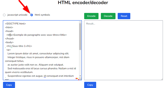 Coller un extrait de code sur l'outil W3Docs HTML Encoder