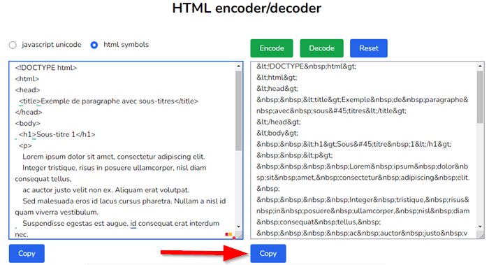 Copier du code fourni sur W3Docs HTML Encoder