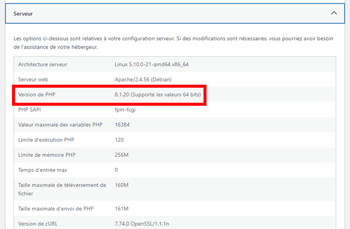 Vérification de la version de PHP sur WordPress