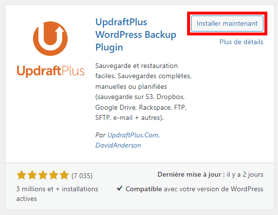 Installer l'extension UpdraftPlus sur WordPress