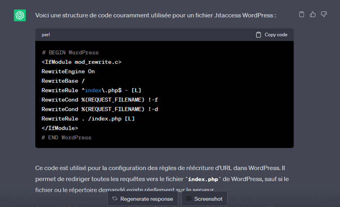 Générer un fichier .htaccess WordPress avec ChatGPT