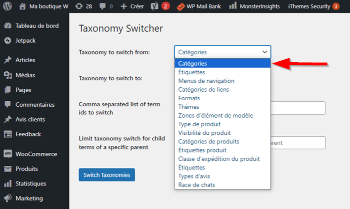 Configuration l'extension de Taxonomy Switcher
