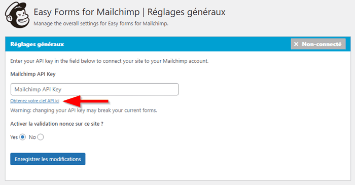 Lien de redirection vers Mailchimp pour générer une clé API