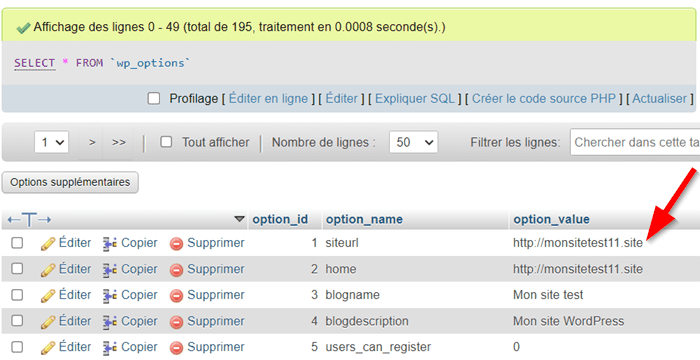 Vérification de l'URL du site dans la table wp_options sur MySQL