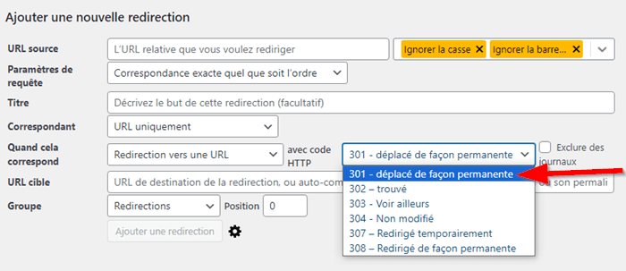 Options supplémentaires de l'extension Redirection dans WordPress