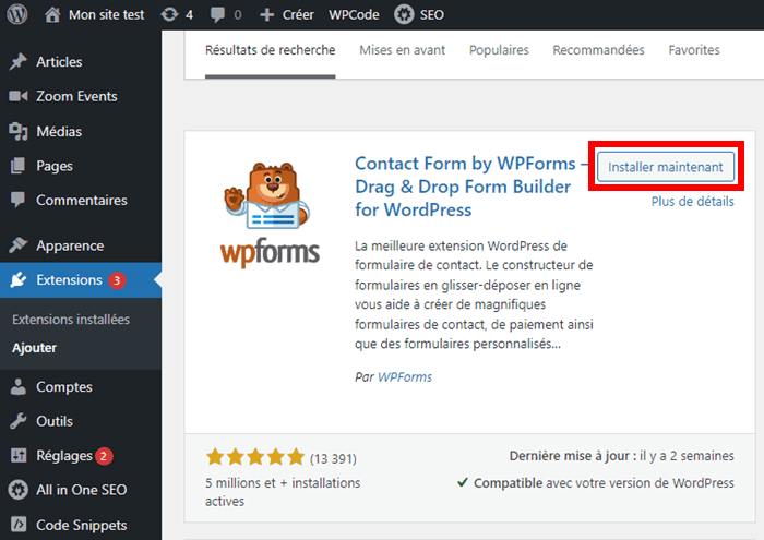 Installer l'extension WPForms sur WordPress