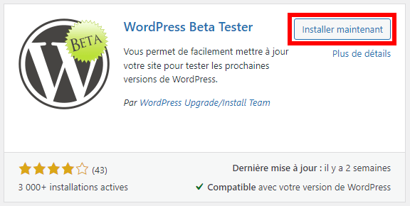 Installation de l'extension WordPress bêta Tester