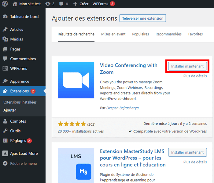 Installer l'extension Video conferencing with Zoom