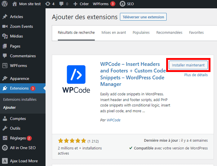 Installer le plugin WPCode sur WordPress