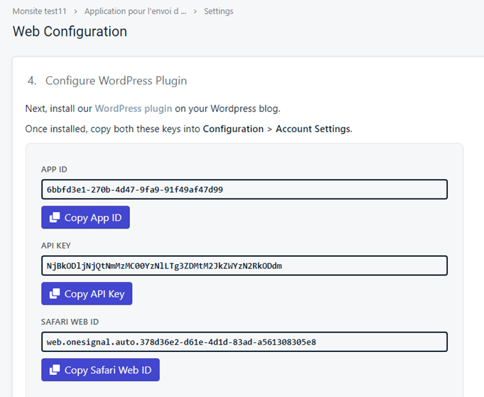Clés de configuration de l'API OneSignal