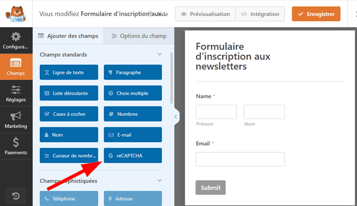 Insertion de reCAPTCHA sur les formulaires WPForms pour éviter le spam d'inscriptions à la newsletter dans WordPress