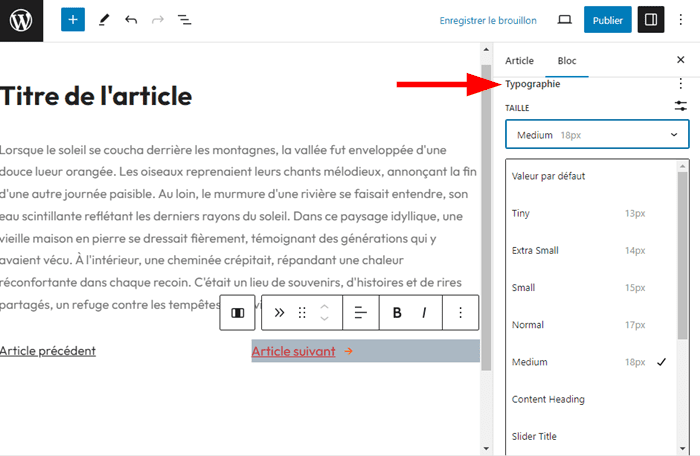 Modifier la typographie de blocs Article précédent et Article suivant