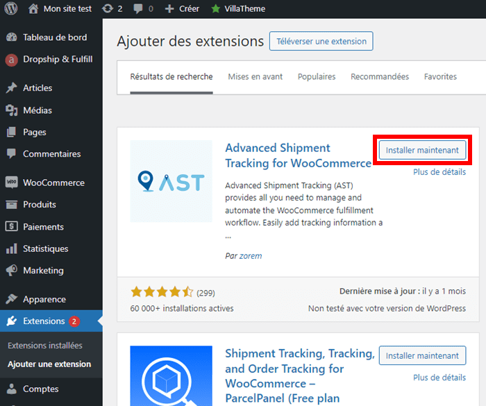 Installer l'extension Advanced Shipping Tracking for WooCommerce