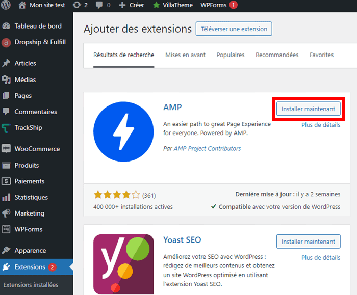 Installer l'extension AMP sur WordPress