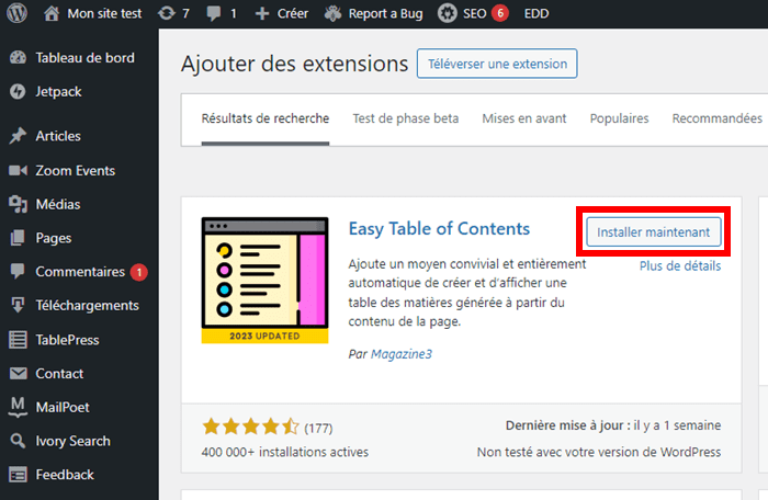 Installation de l'extension Easy Table of contents