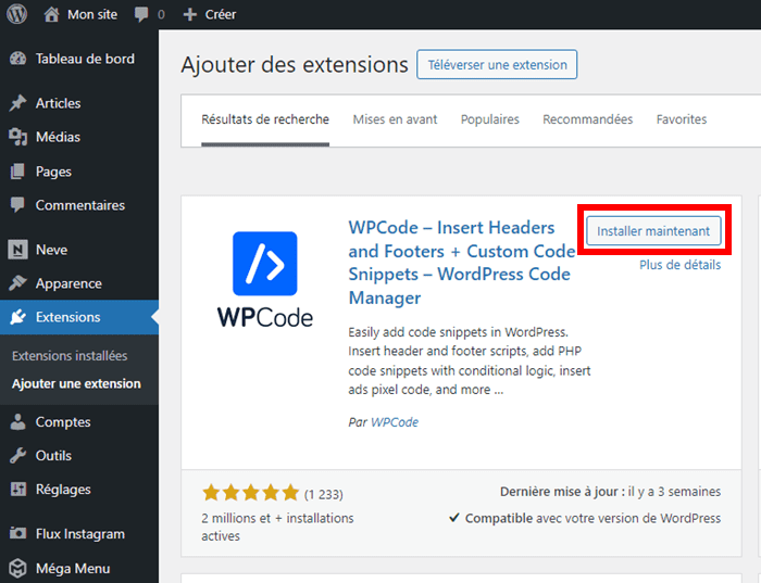Installer l'extension WPCode sur WordPress