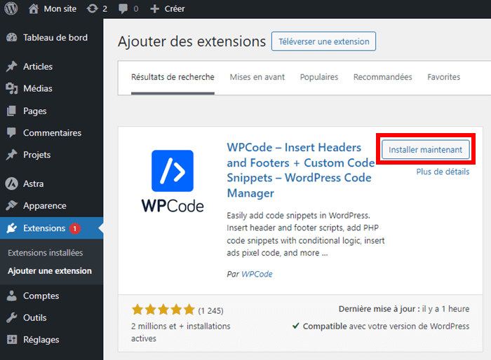 Installation de l'extension WPCode sur WordPress
