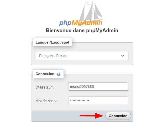 Page d'accès à phpMyAdmin