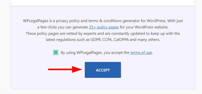 Accepter les conditions d'utilisation de l'extension WPLegalPage