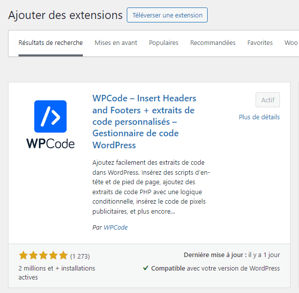 Installer l'extension WP Code sur WordPress
