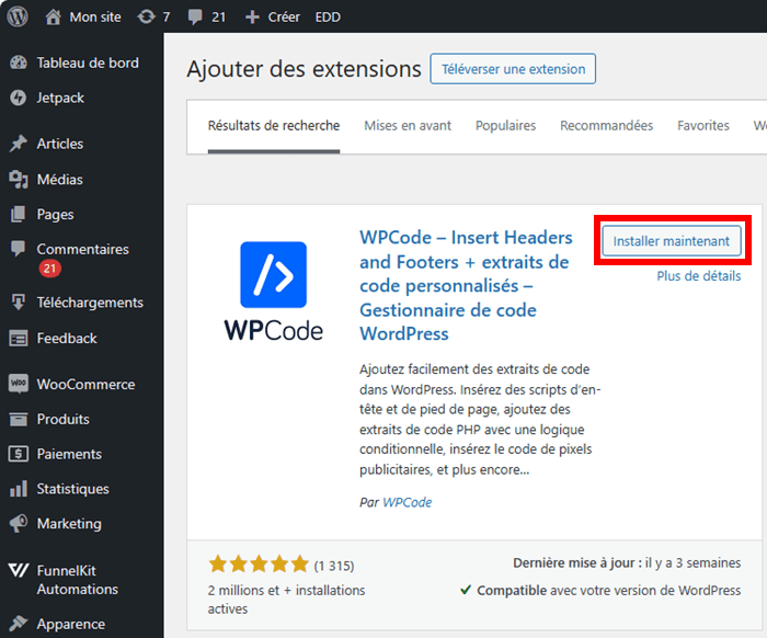Installer WPCode sur WordPress
