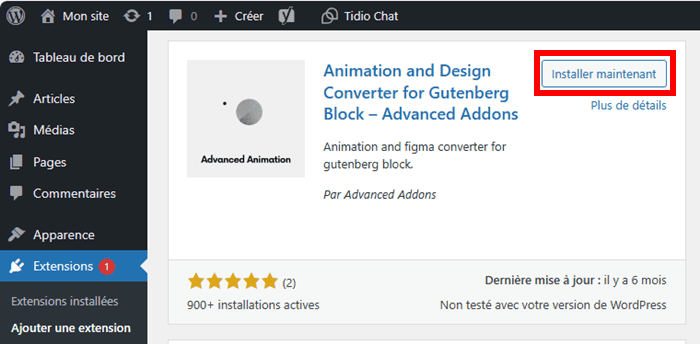 Installer l'extension Animation and Design Converter for Gutenberg Block sur WordPress