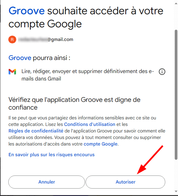 Autoriser Groove à accéder à Gmail