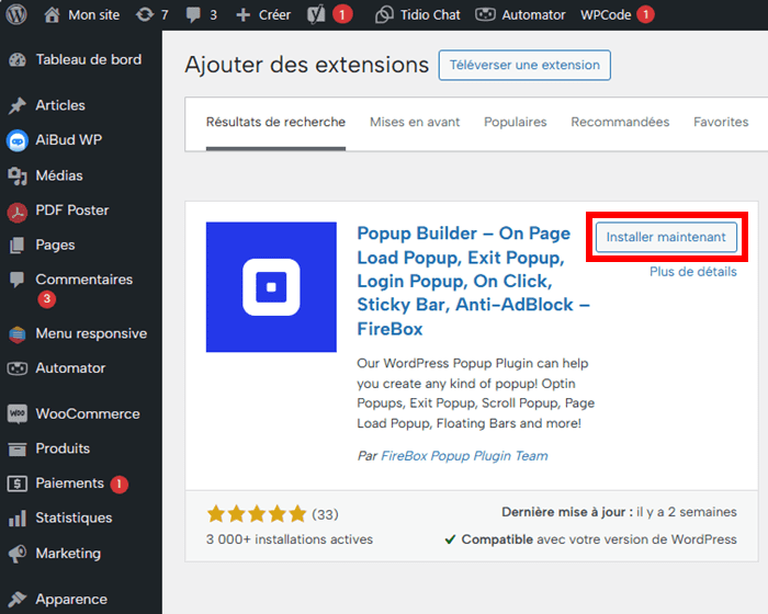 Installer l'extension Firebox Popup Builder - barre de pied de page flottante - Sticky footer