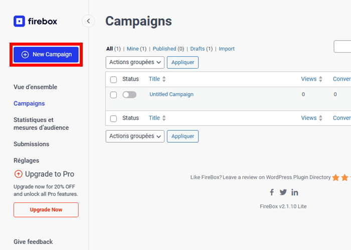 Créer une nouvelle campagne sur Firebox Popup Builder