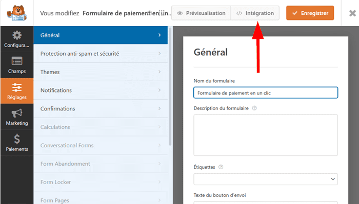 Integration du formulaire WPForms