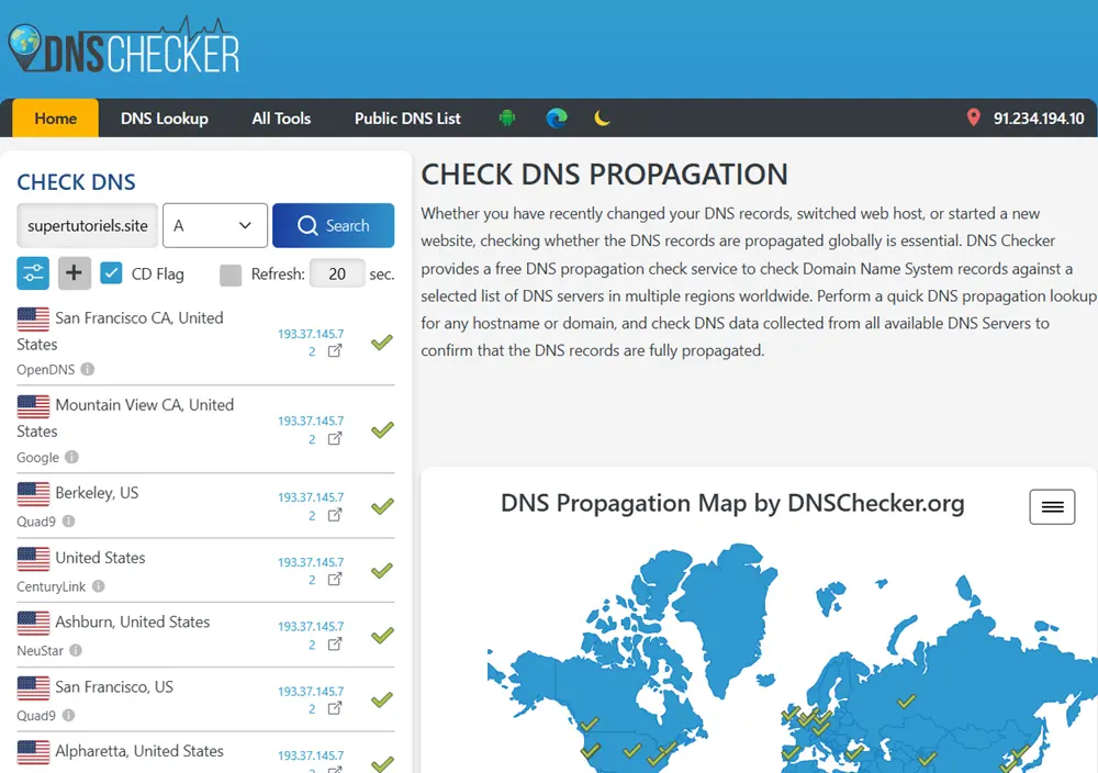 Résultats de DNS Checker