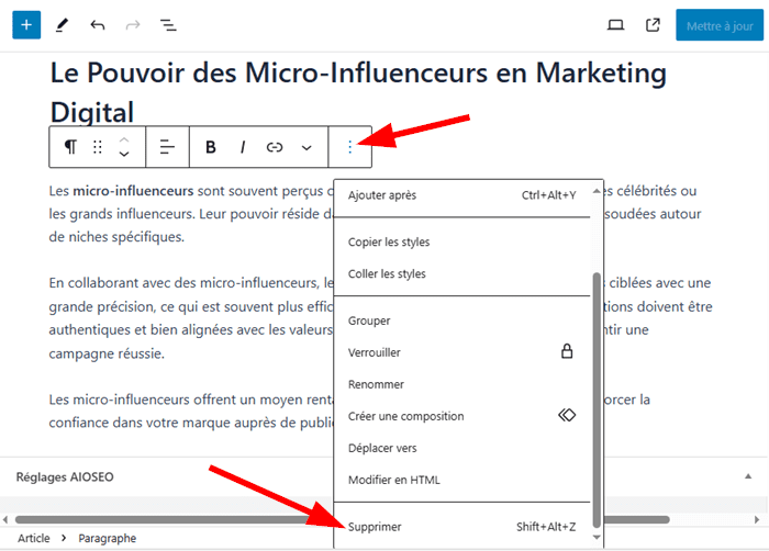 Supprimer un bloc dans Gutenberg WordPress