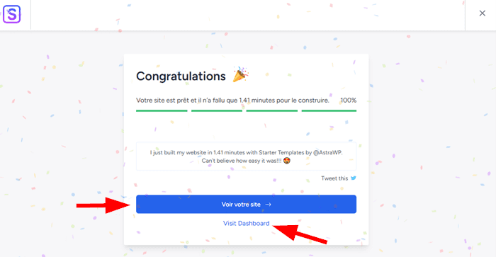 Message de confirmation de la construction du site avec Astra