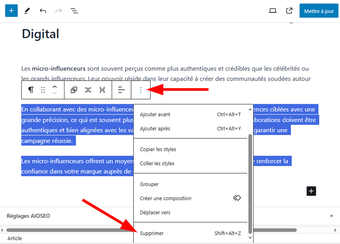 Supprimer plusieurs blocs dans Gutenberg