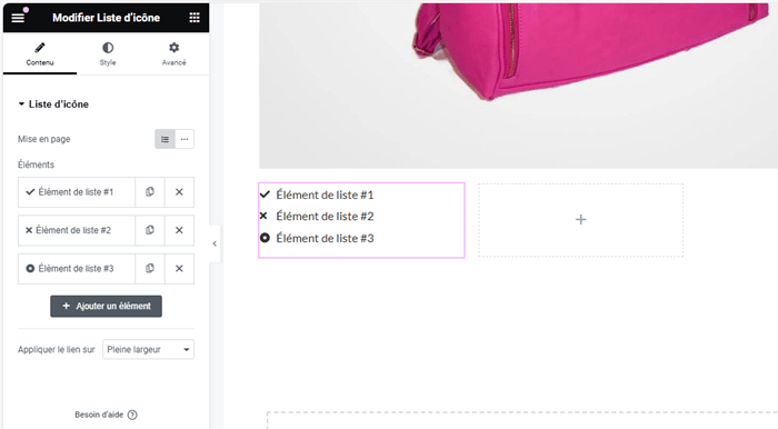 Widget Elementor Liste à puces