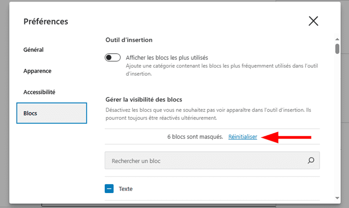 Réinitialiser des blocs dans Gutenberg