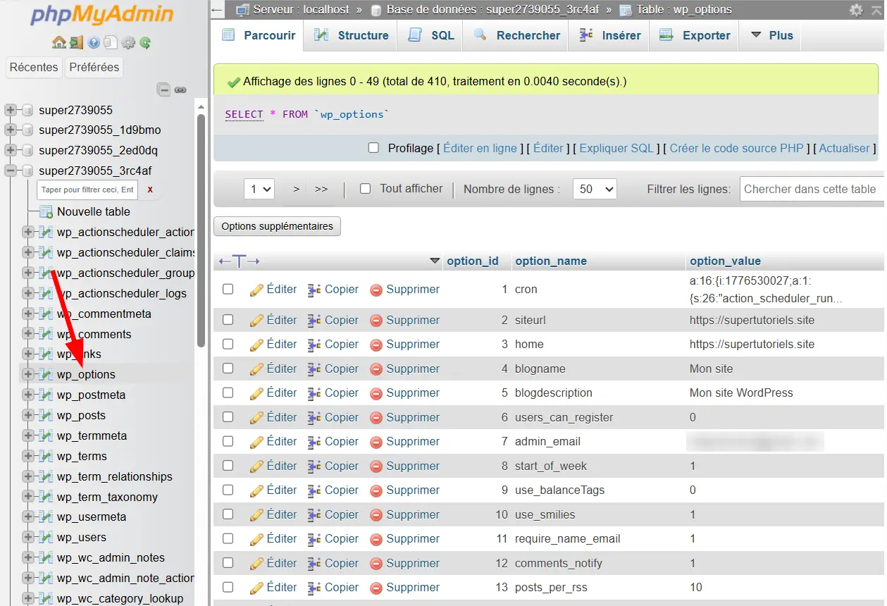 Modifier la table wp_options