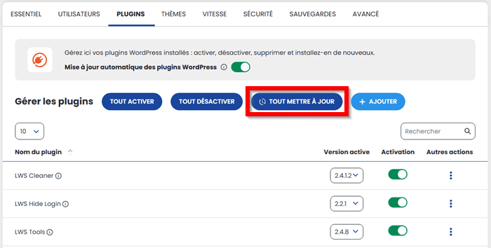 Mettre à jour tous les plugins WordPress avec WP Manager LWS
