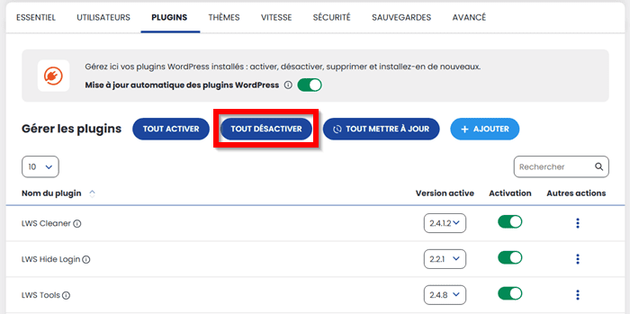 Désactiver tous les plugins WordPress avec WP Manager de LWS