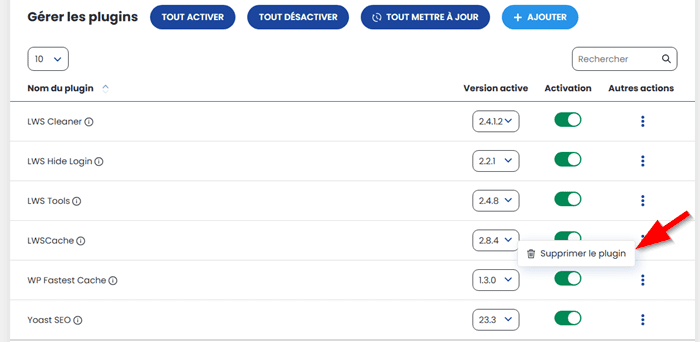 Vérifier les conflits de plugins WordPress : supprimer les plugins WordPress avec WP Manager